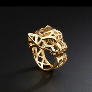 Trendy Leopard Animal Adjustable Finger Ring Green Eyes Hollow Panther Heads